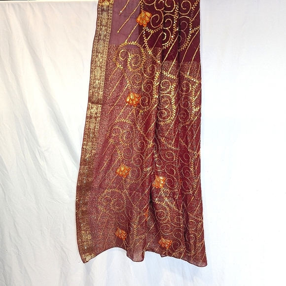 Vintage Saree Sari Red Orange Gold Sequin Traditional Indian Pallu Border Floral - Picture 3 of 5